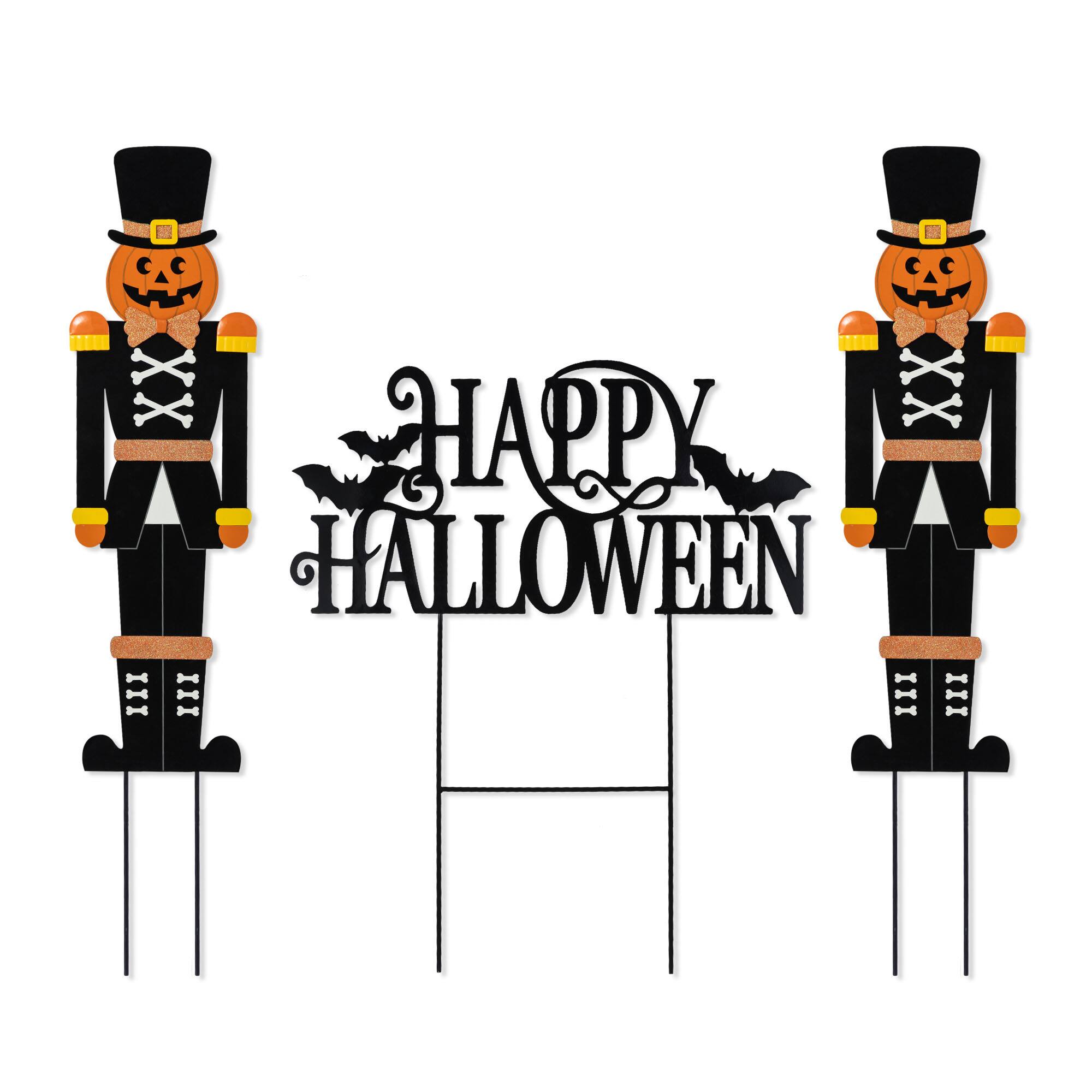 Glitzhome® 32"H Halloween Metal Nutcracker and HAPPY HALLOWEEN Yard Stake Set